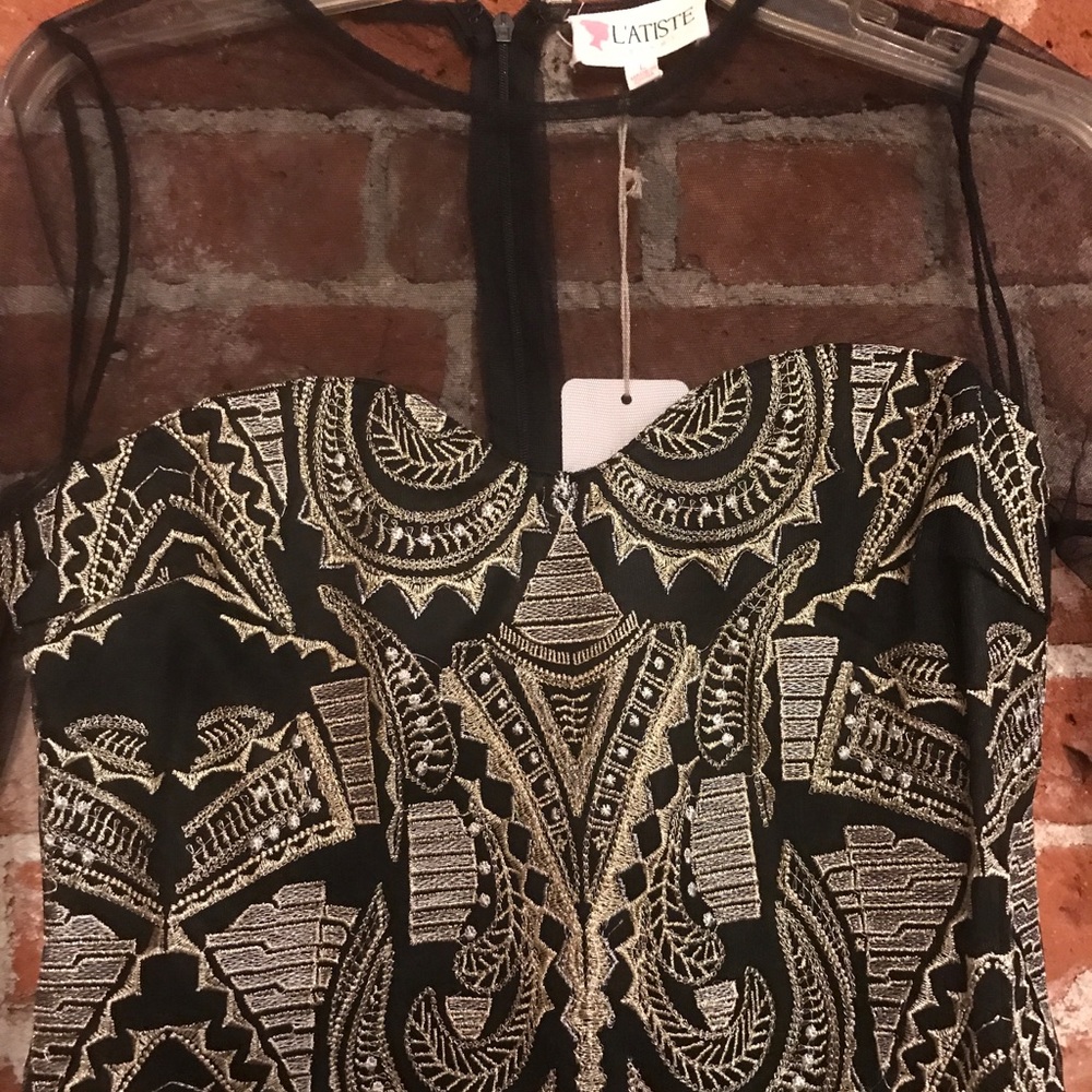 All Eyes On Me Embroidered Dress: Black and Gold - Picture 2 of 5